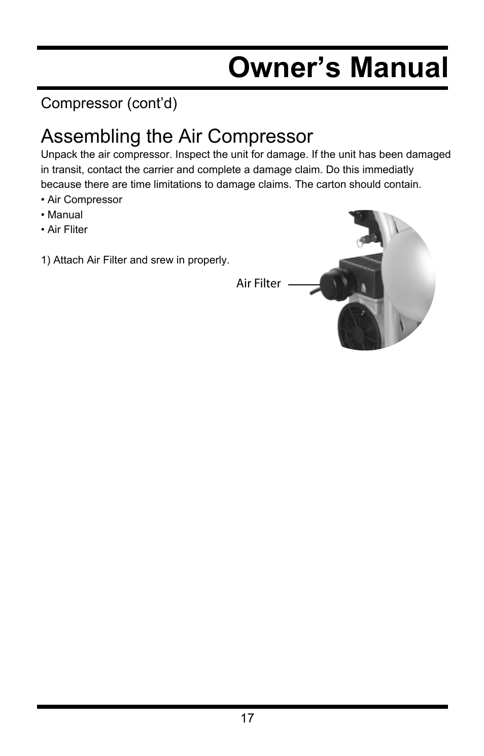 Owner’s manual, Assembling the air compressor | Steele Products SP-CE155QT User Manual | Page 17 / 31