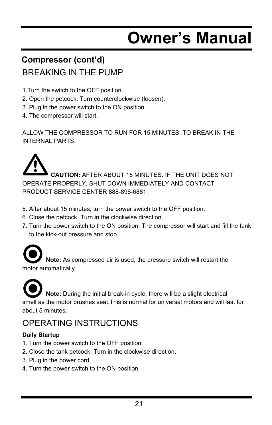 Owner’s manual, Compressor (cont’d) breaking in the pump, Operating instructions | Steele Products SP-CE155QT User Manual | Page 21 / 31