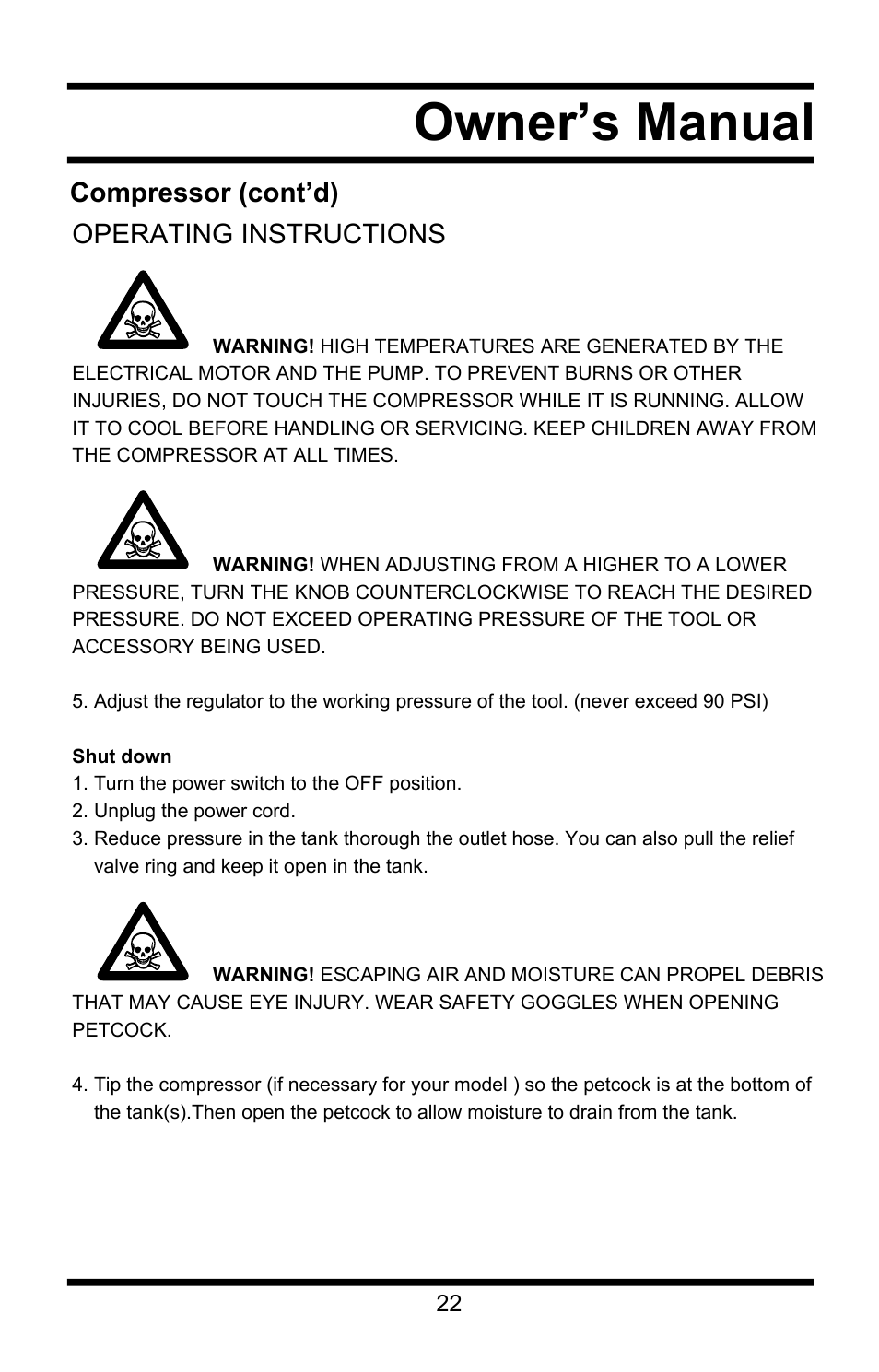 Owner’s manual, Compressor (cont’d) operating instructions | Steele Products SP-CE155QT User Manual | Page 22 / 31