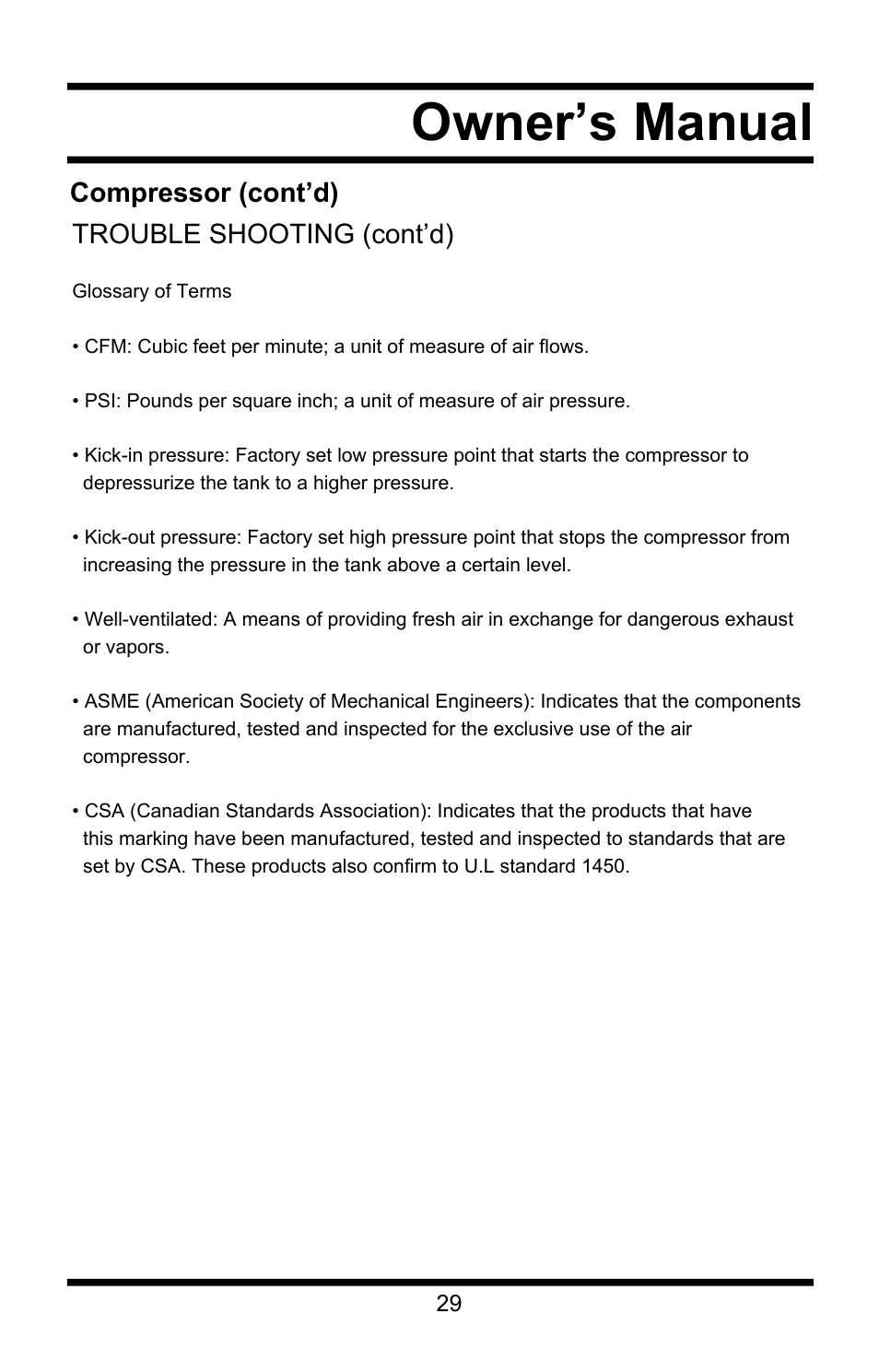 Owner’s manual | Steele Products SP-CE155QT User Manual | Page 29 / 31