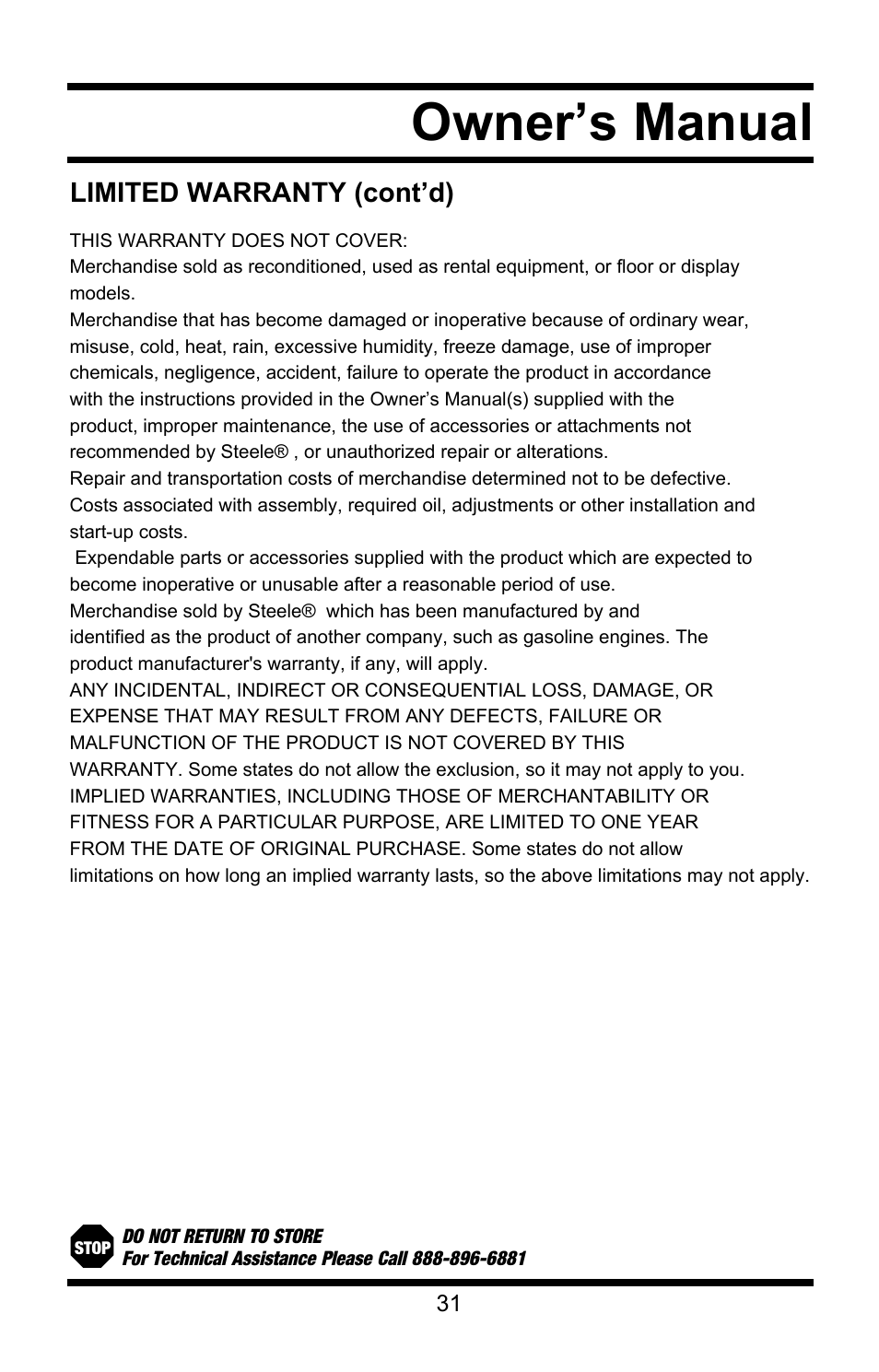 Owner’s manual | Steele Products SP-CE155QT User Manual | Page 31 / 31