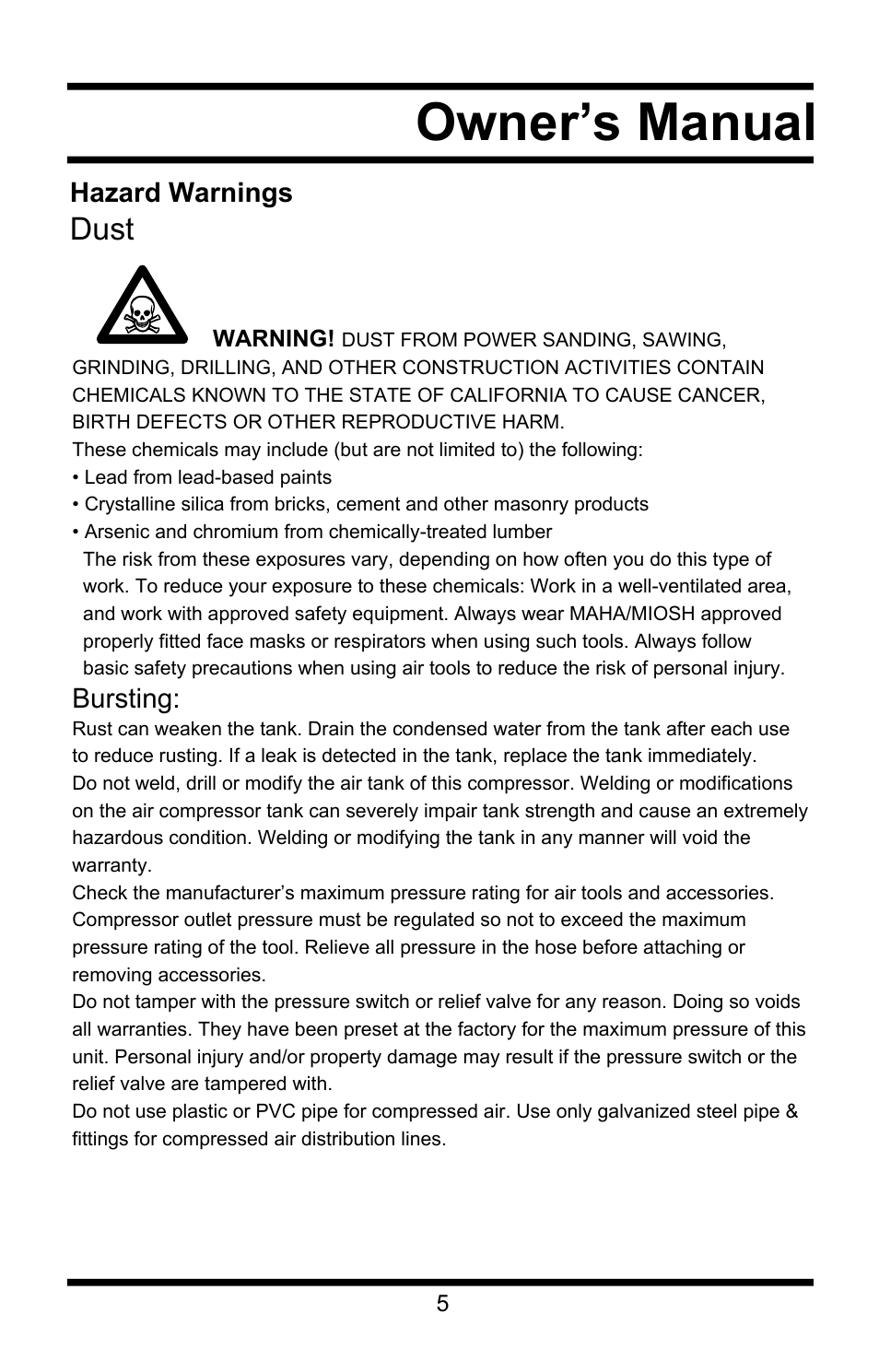 Owner’s manual, Dust | Steele Products SP-CE155QT User Manual | Page 5 / 31