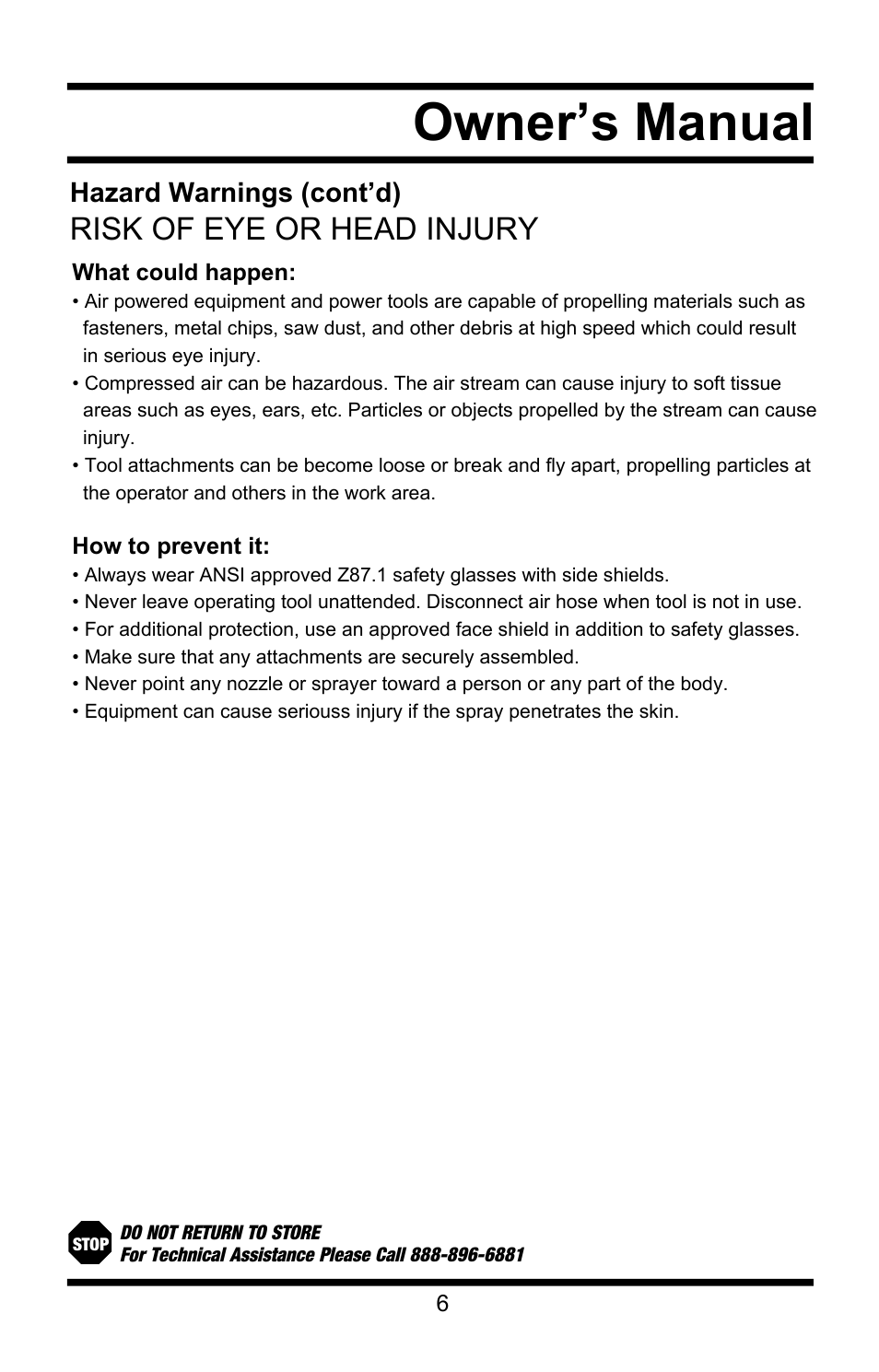Owner’s manual, Risk of eye or head injury | Steele Products SP-CE155QT User Manual | Page 6 / 31