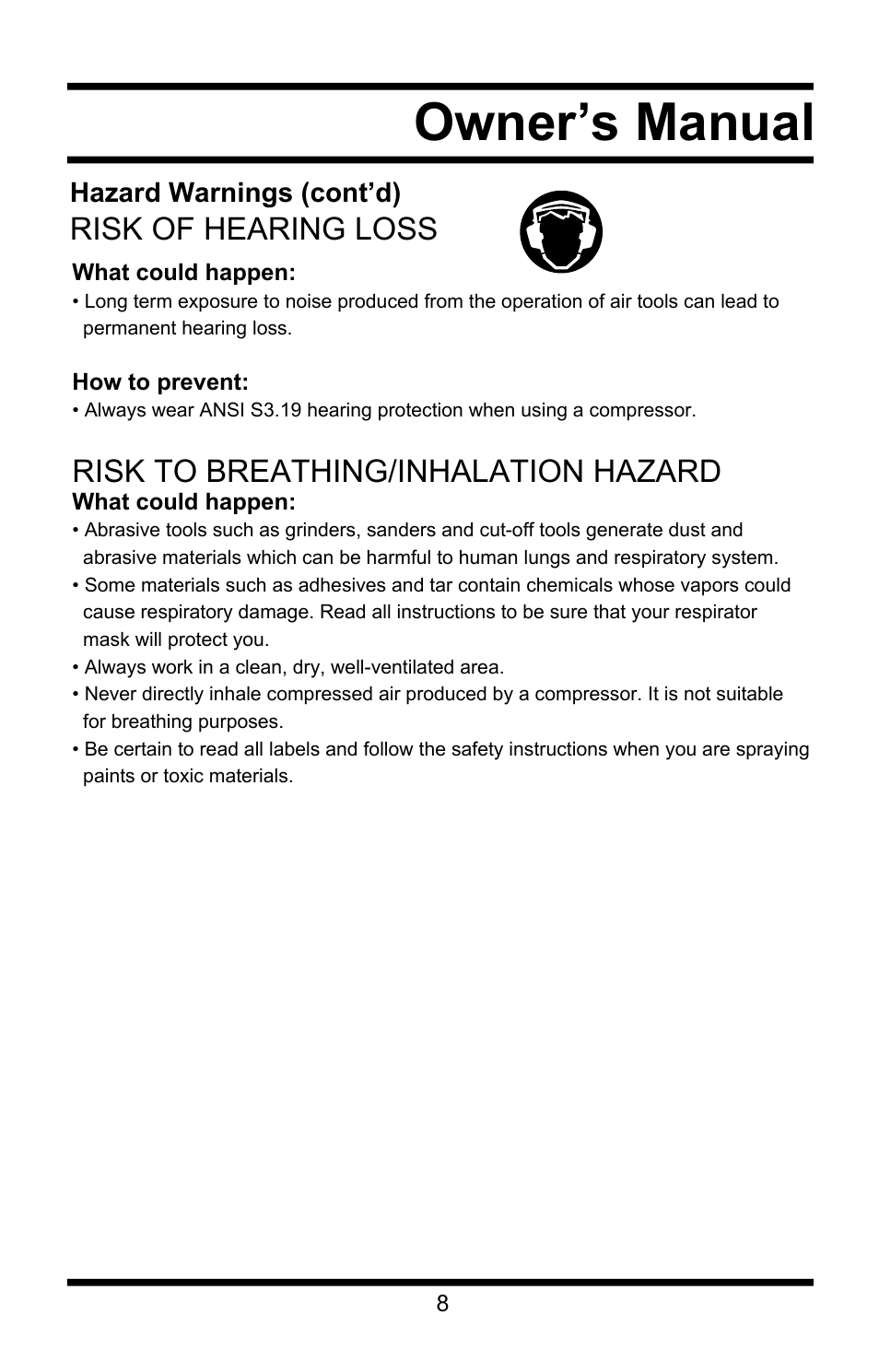 Owner’s manual, Risk of hearing loss, Risk to breathing/inhalation hazard | Steele Products SP-CE155QT User Manual | Page 8 / 31