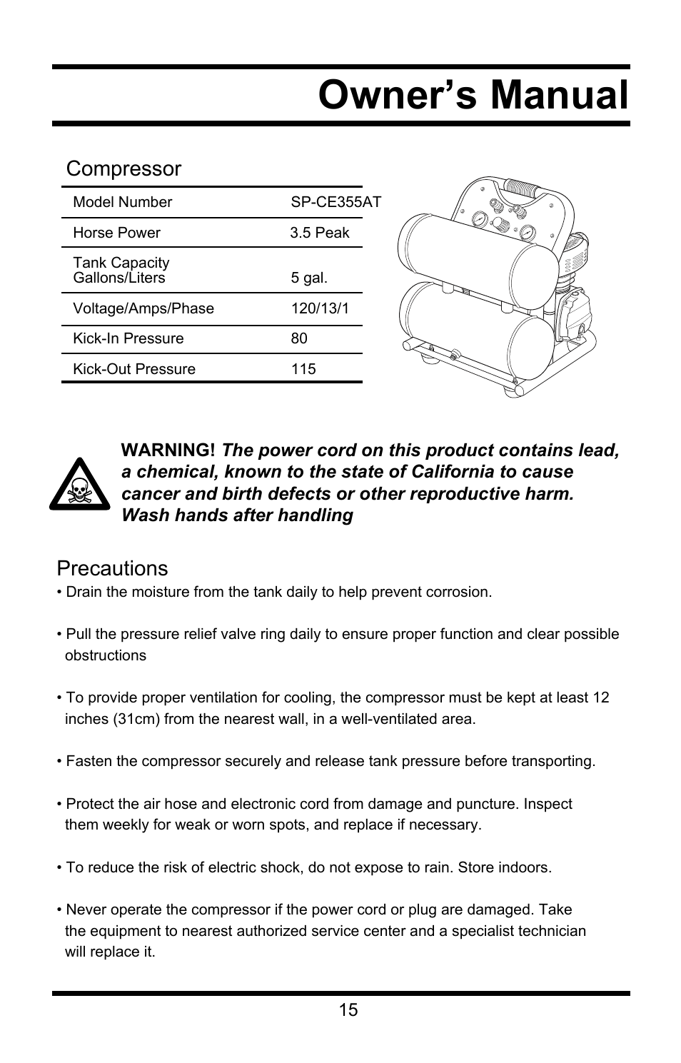 Owner’s manual, Precautions, Compressor | Steele Products SP-CE355AT User Manual | Page 15 / 32