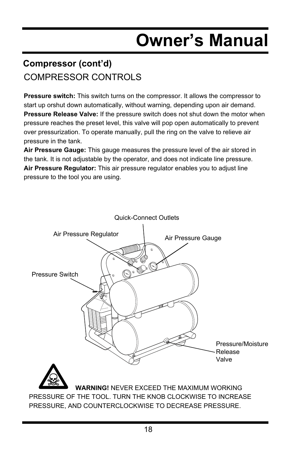 Owner’s manual, Compressor (cont’d) compressor controls | Steele Products SP-CE355AT User Manual | Page 18 / 32