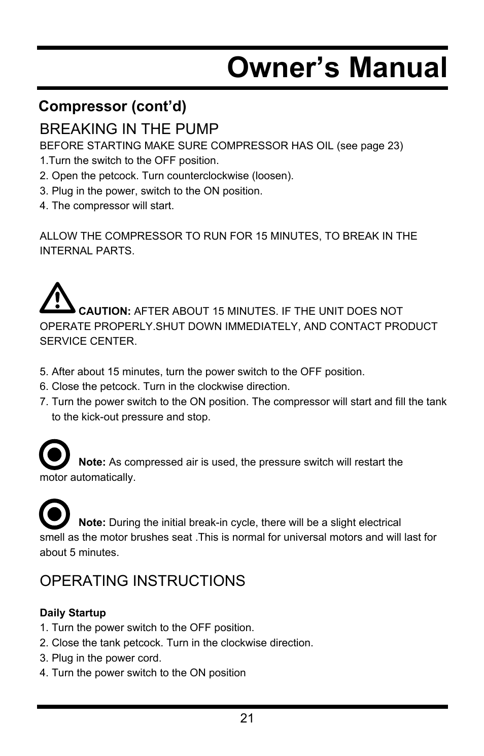 Owner’s manual, Compressor (cont’d) breaking in the pump, Operating instructions | Steele Products SP-CE355AT User Manual | Page 21 / 32
