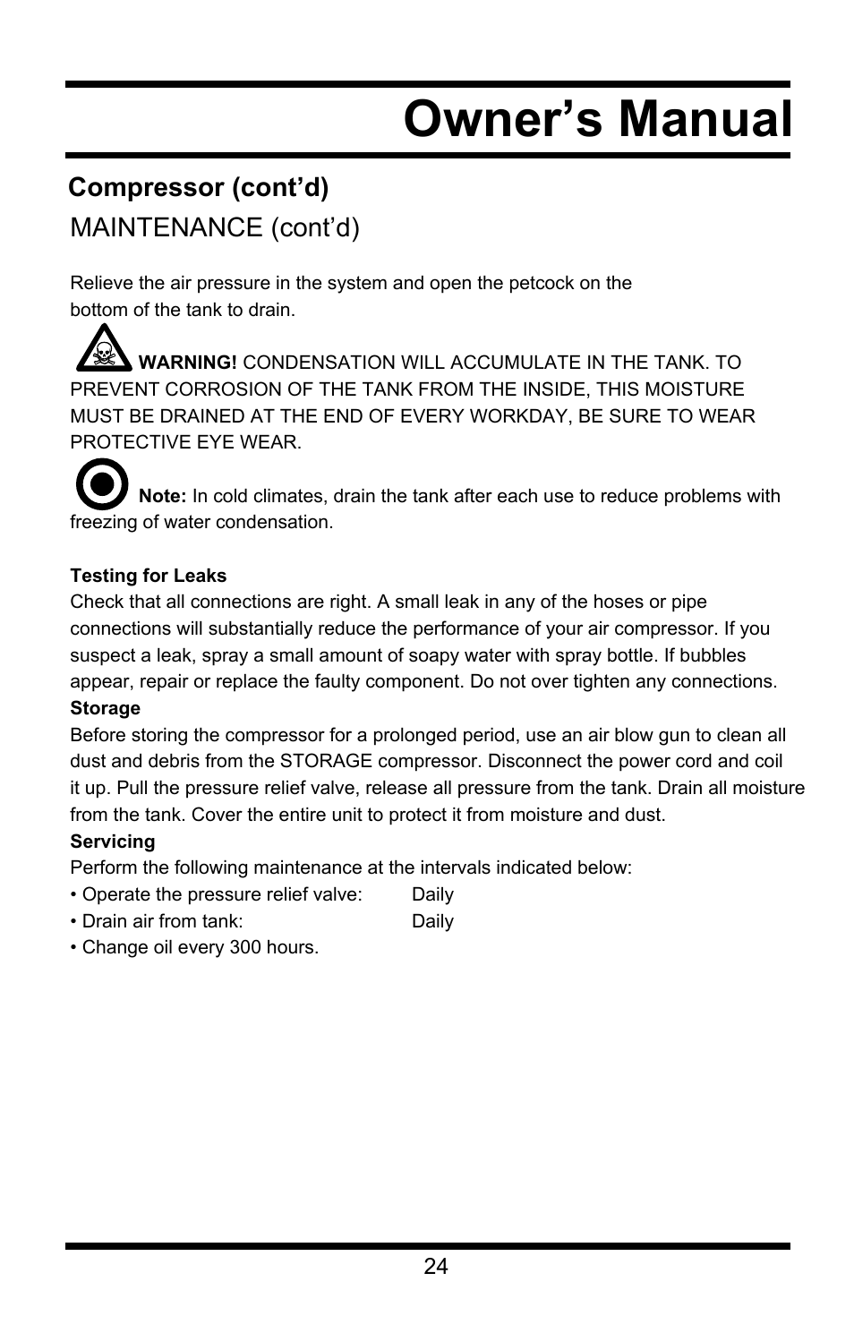 Owner’s manual, Compressor (cont’d) maintenance (cont’d) | Steele Products SP-CE355AT User Manual | Page 24 / 32