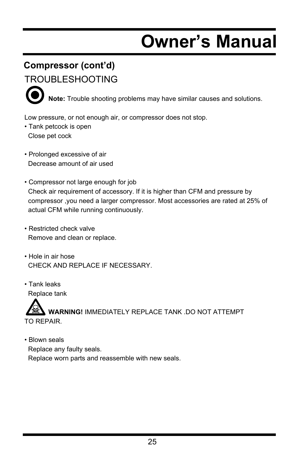 Owner’s manual, Compressor (cont’d) troubleshooting | Steele Products SP-CE355AT User Manual | Page 25 / 32