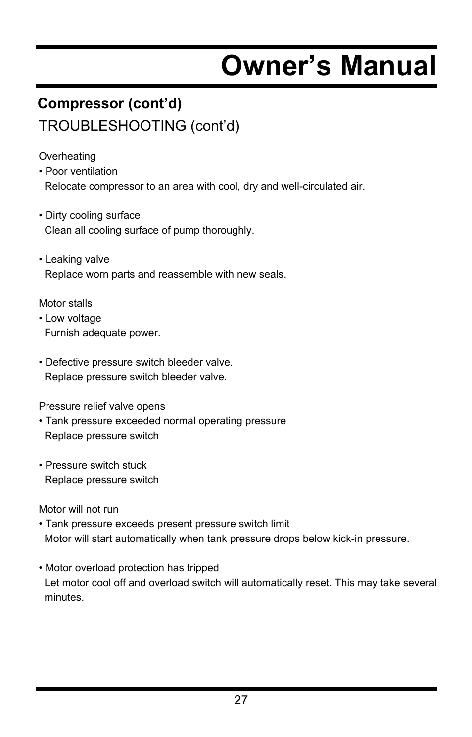 Owner’s manual, Compressor (cont’d) troubleshooting (cont’d) | Steele Products SP-CE355AT User Manual | Page 27 / 32
