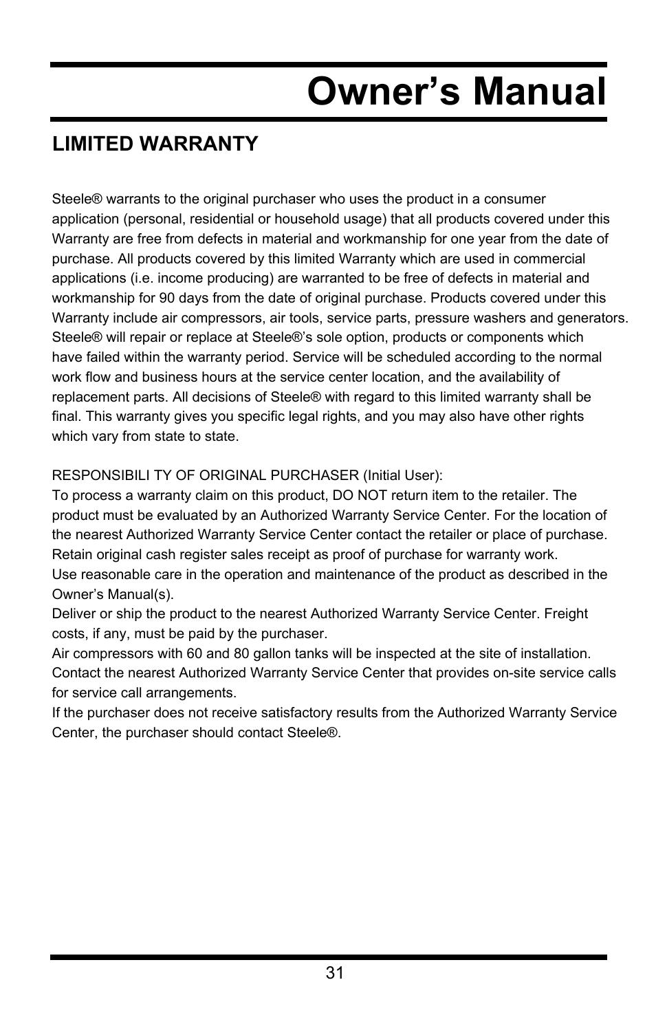 Owner’s manual | Steele Products SP-CE355AT User Manual | Page 31 / 32