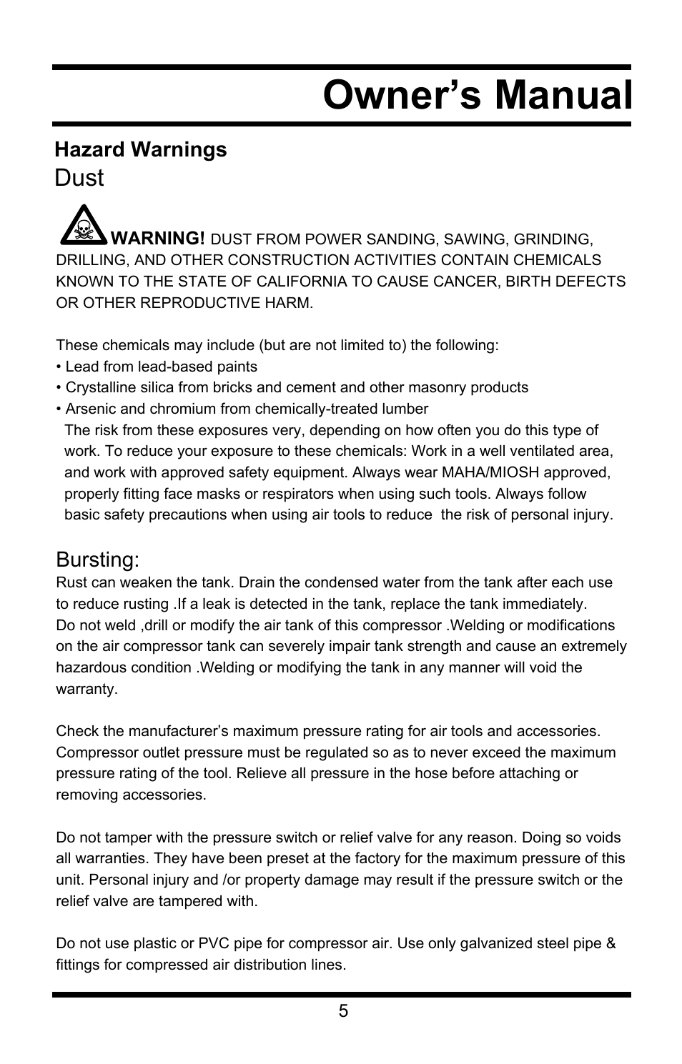 Owner’s manual, Dust | Steele Products SP-CE355AT User Manual | Page 5 / 32