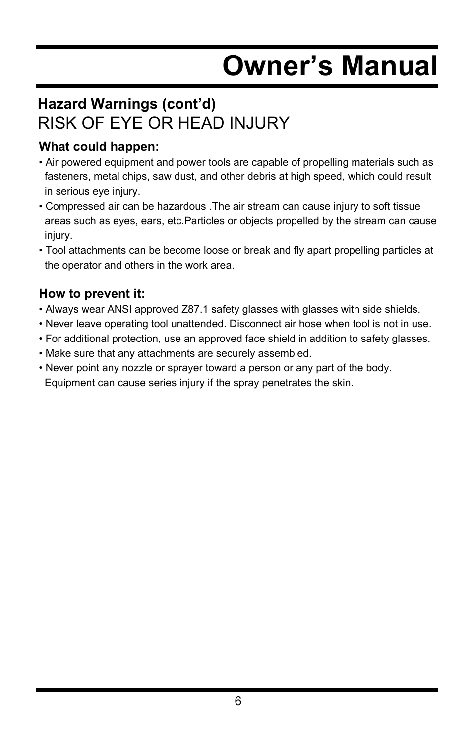 Owner’s manual, Risk of eye or head injury | Steele Products SP-CE355AT User Manual | Page 6 / 32