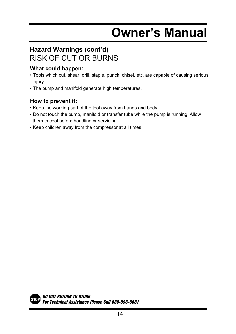 Owner’s manual, Risk of cut or burns, Hazard warnings (cont’d) | Steele Products SP-CE355TM User Manual | Page 14 / 32