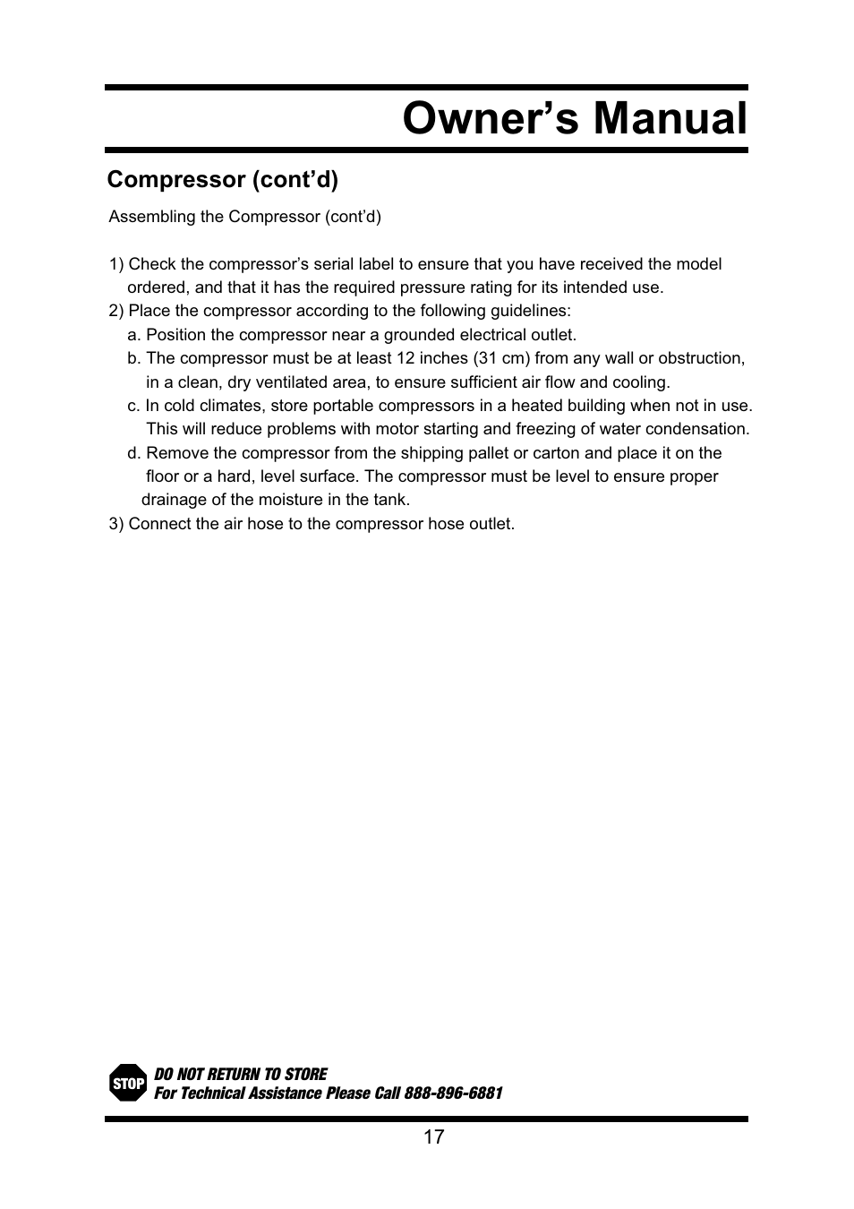 Owner’s manual, Compressor (cont’d) | Steele Products SP-CE355TM User Manual | Page 17 / 32