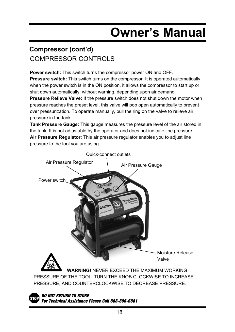 Owner’s manual, Compressor (cont’d) compressor controls | Steele Products SP-CE355TM User Manual | Page 18 / 32