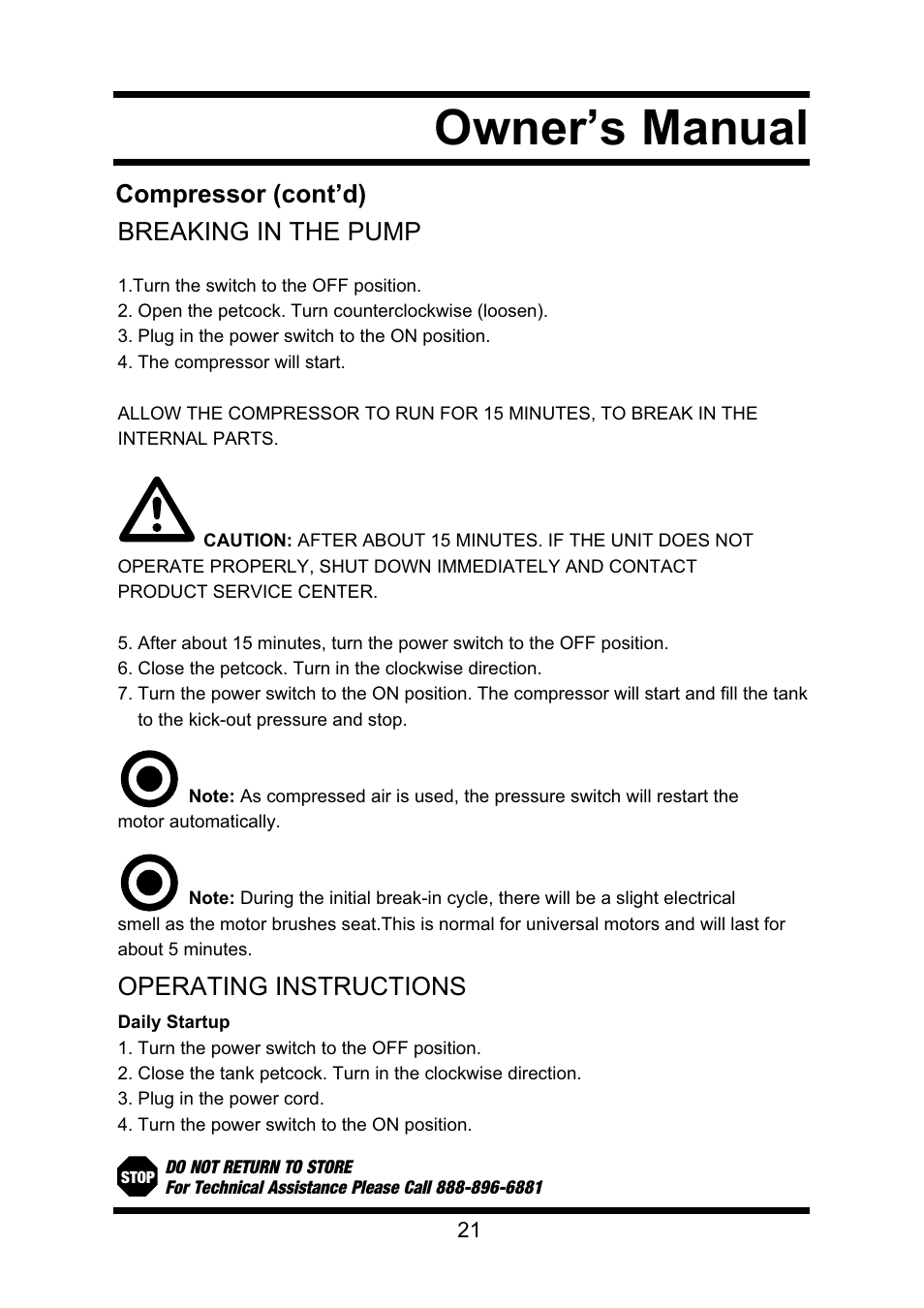 Owner’s manual, Compressor (cont’d) breaking in the pump, Operating instructions | Steele Products SP-CE355TM User Manual | Page 21 / 32