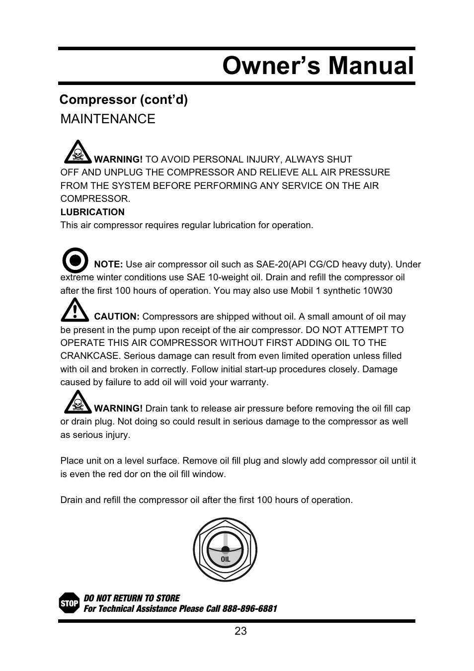 Owner’s manual, Compressor (cont’d) maintenance | Steele Products SP-CE355TM User Manual | Page 23 / 32