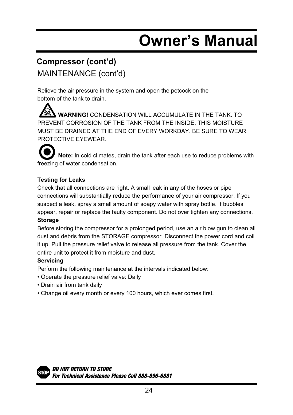 Owner’s manual, Compressor (cont’d) maintenance (cont’d) | Steele Products SP-CE355TM User Manual | Page 24 / 32