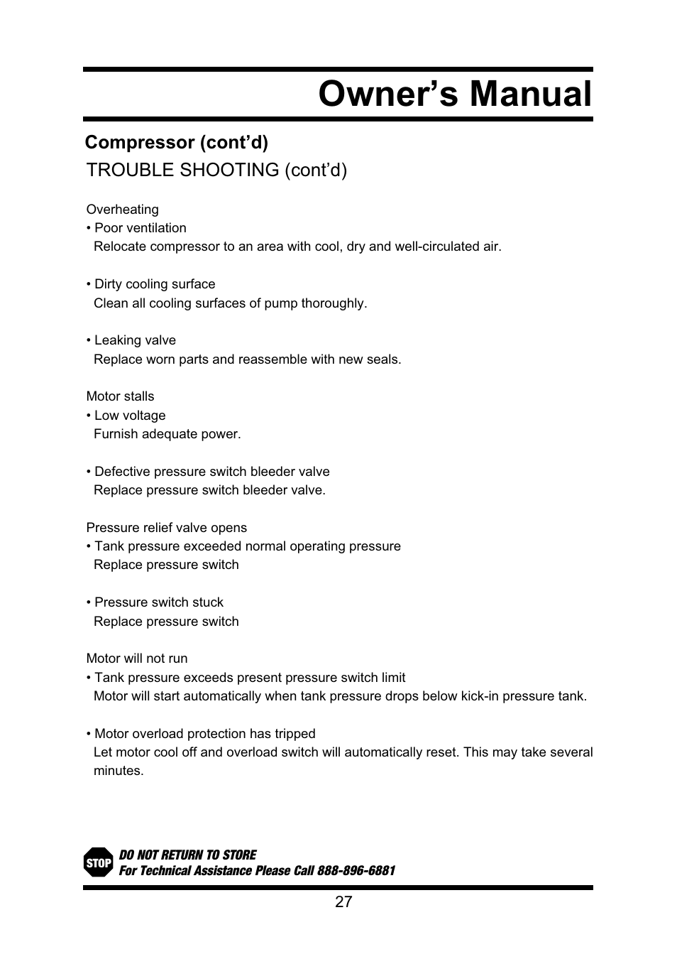 Owner’s manual, Compressor (cont’d) trouble shooting (cont’d) | Steele Products SP-CE355TM User Manual | Page 27 / 32