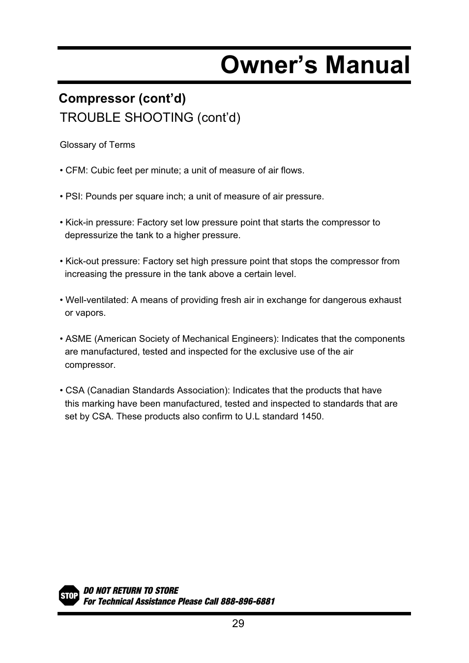 Owner’s manual, Compressor (cont’d) trouble shooting (cont’d) | Steele Products SP-CE355TM User Manual | Page 29 / 32