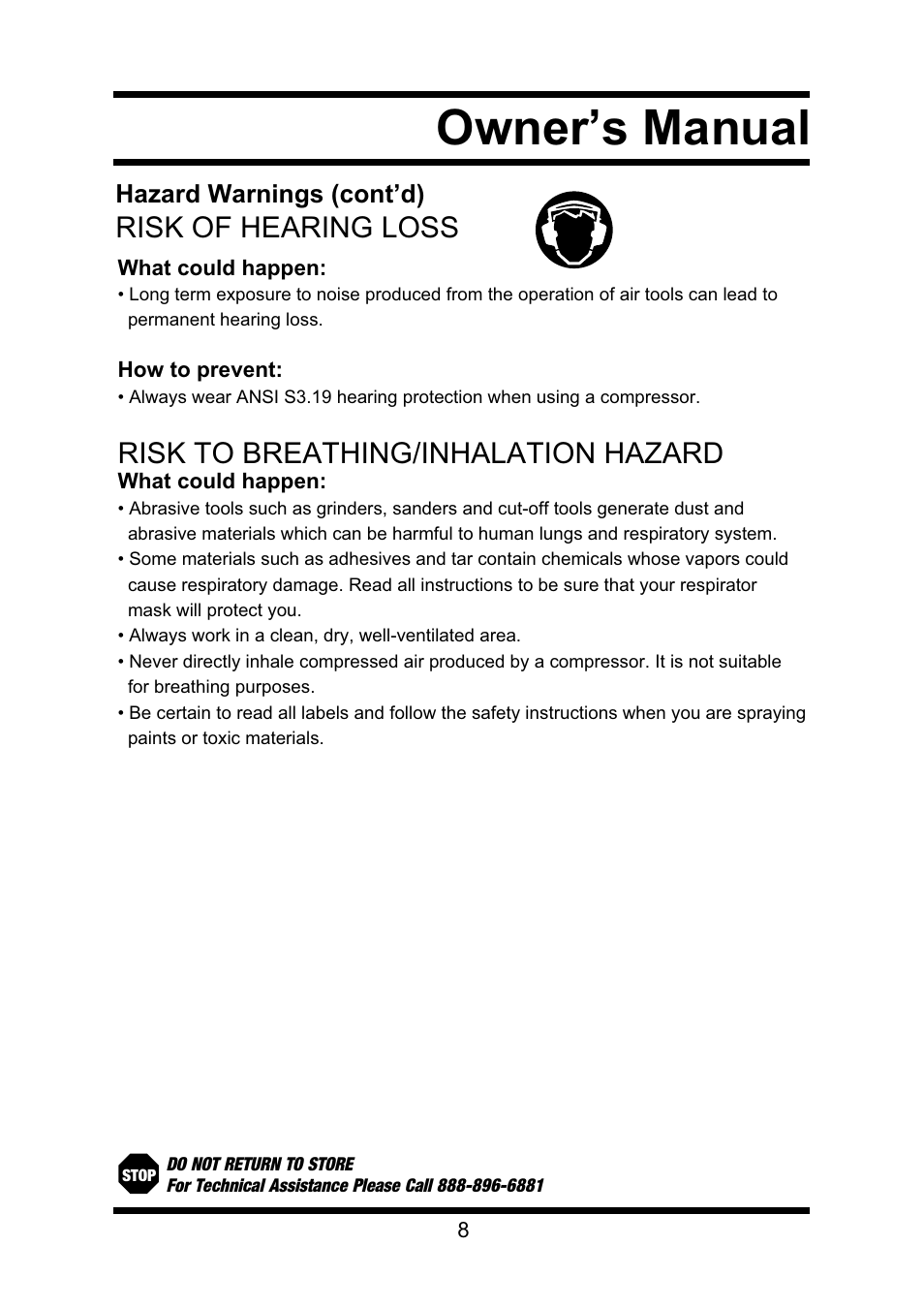 Owner’s manual, Risk of hearing loss, Risk to breathing/inhalation hazard | Hazard warnings (cont’d) | Steele Products SP-CE355TM User Manual | Page 8 / 32