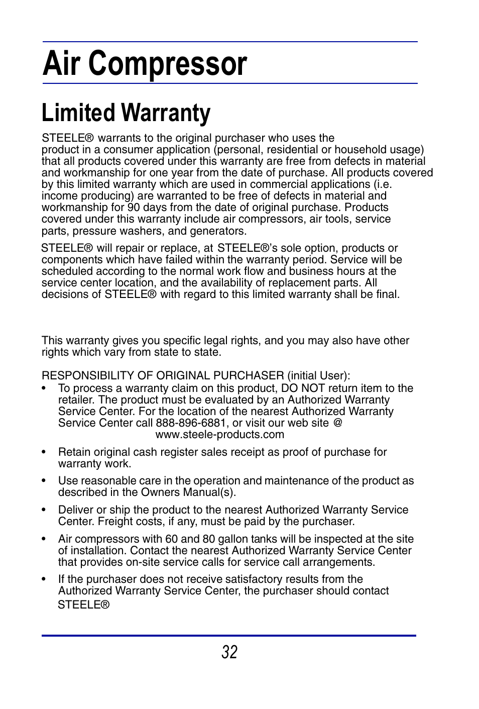 Air compressor, Limited warranty | Steele Products SP-CE356M User Manual | Page 32 / 33