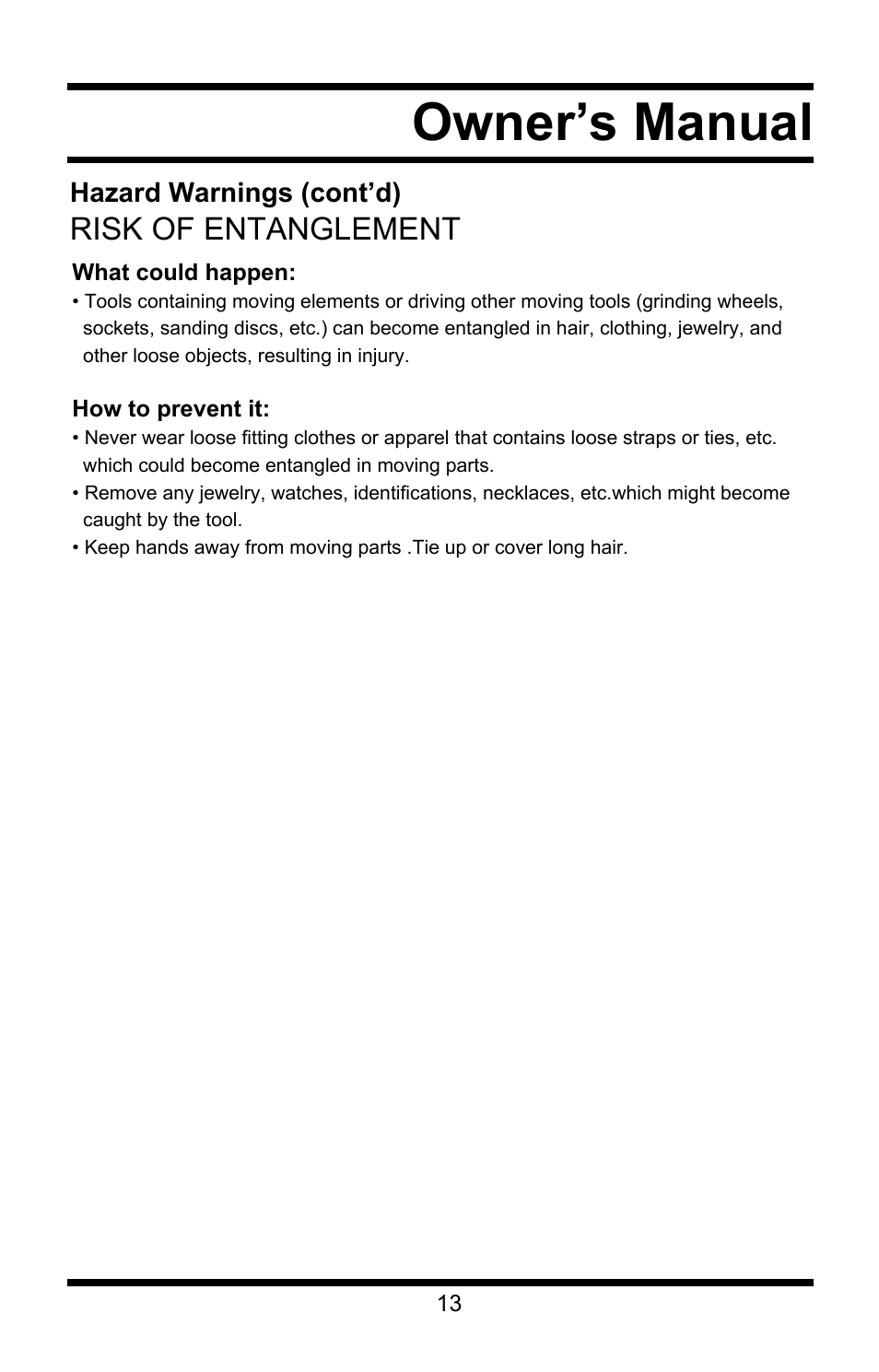 Owner’s manual, Risk of entanglement | Steele Products SP-CE358TM User Manual | Page 13 / 33