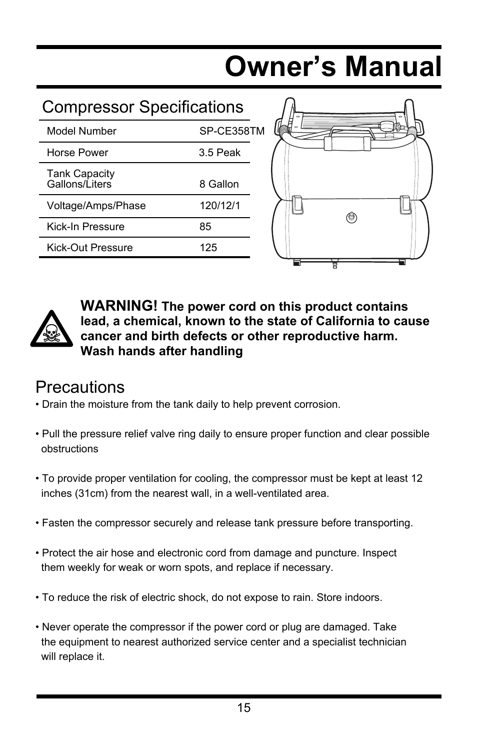 Owner’s manual, Precautions, Compressor specifications | Warning | Steele Products SP-CE358TM User Manual | Page 15 / 33