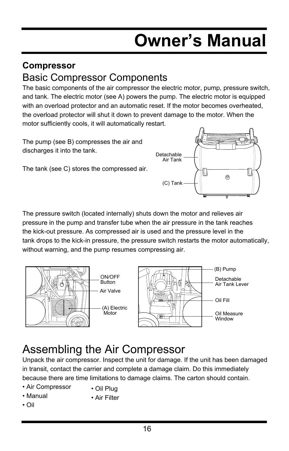Owner’s manual, Assembling the air compressor, Basic compressor components | Compressor | Steele Products SP-CE358TM User Manual | Page 16 / 33