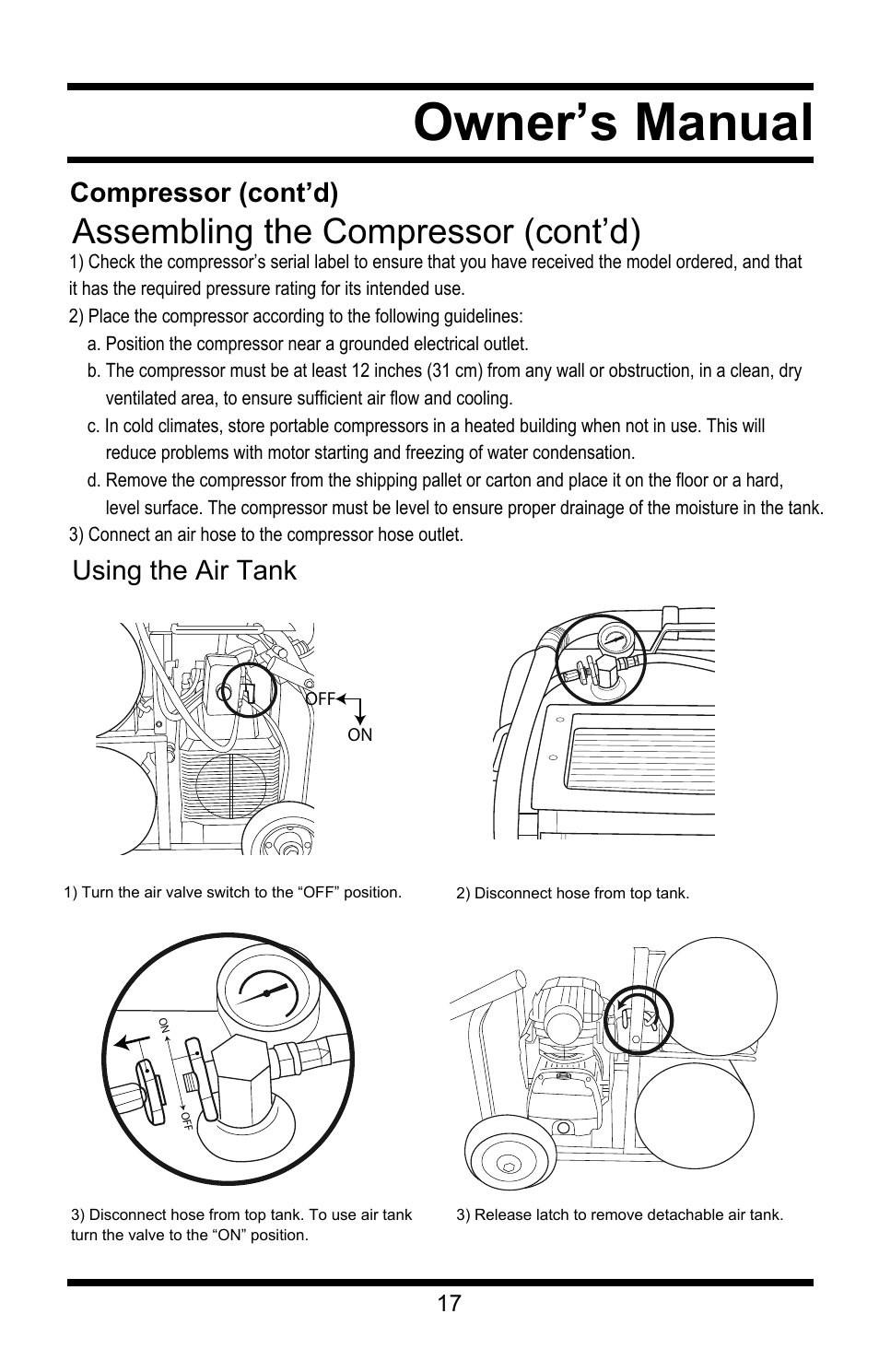 Owner’s manual, Assembling the compressor (cont’d), Compressor (cont’d) | Using the air tank | Steele Products SP-CE358TM User Manual | Page 17 / 33