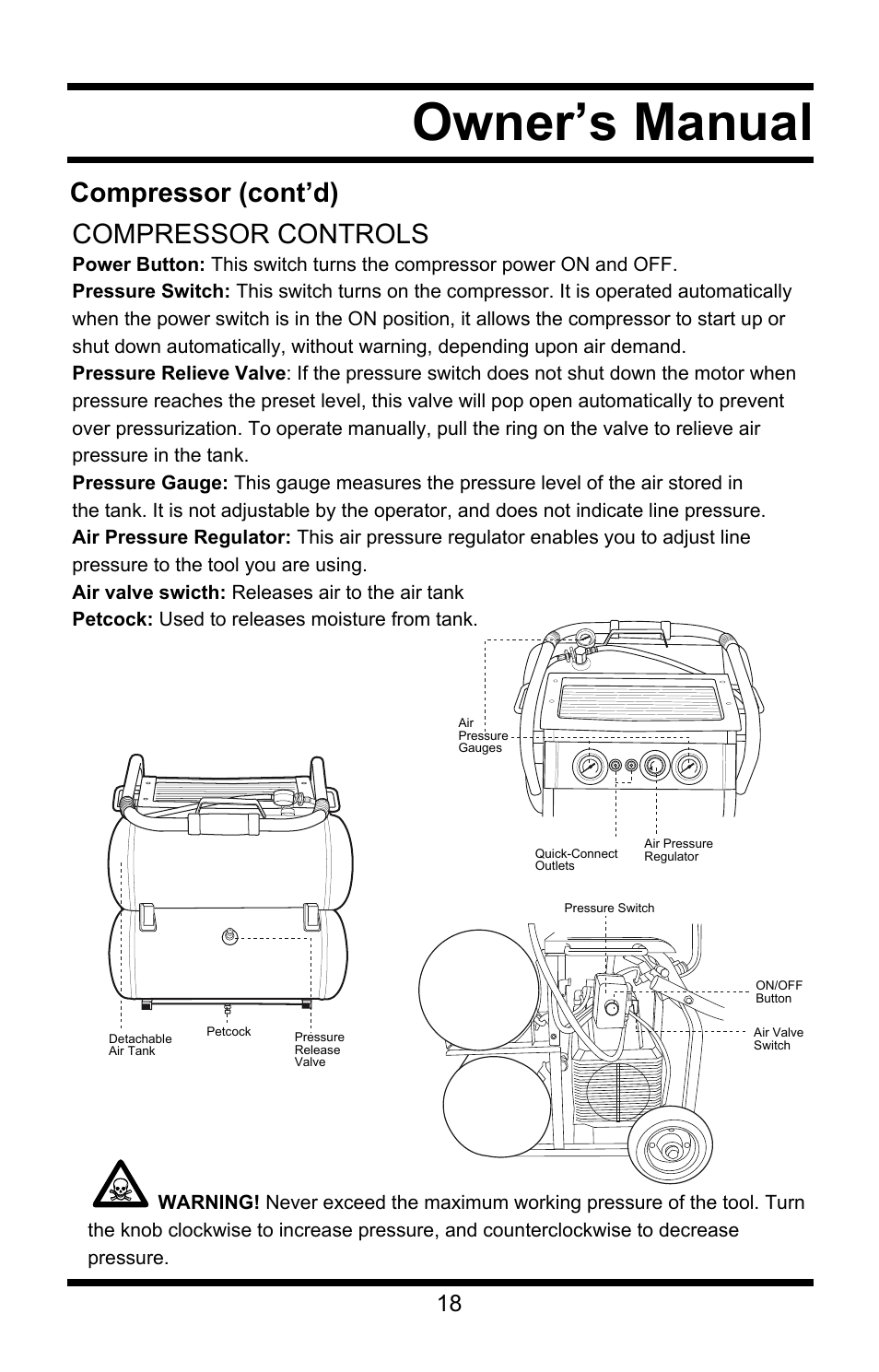Owner’s manual, Compressor (cont’d) compressor controls | Steele Products SP-CE358TM User Manual | Page 18 / 33