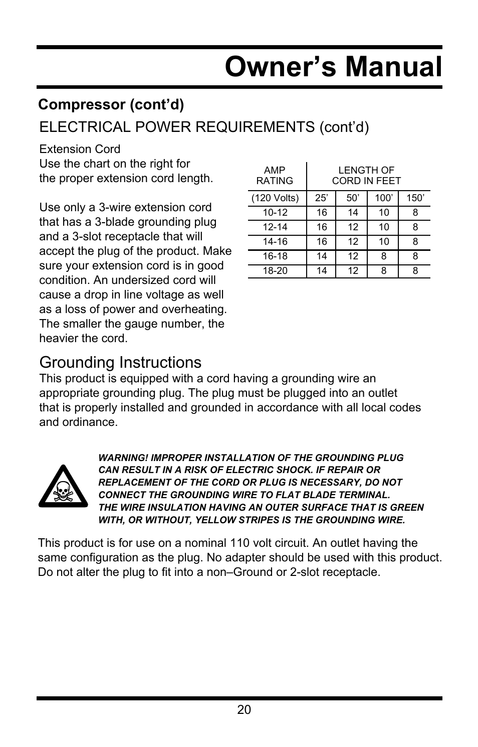 Owner’s manual, Grounding instructions | Steele Products SP-CE358TM User Manual | Page 20 / 33