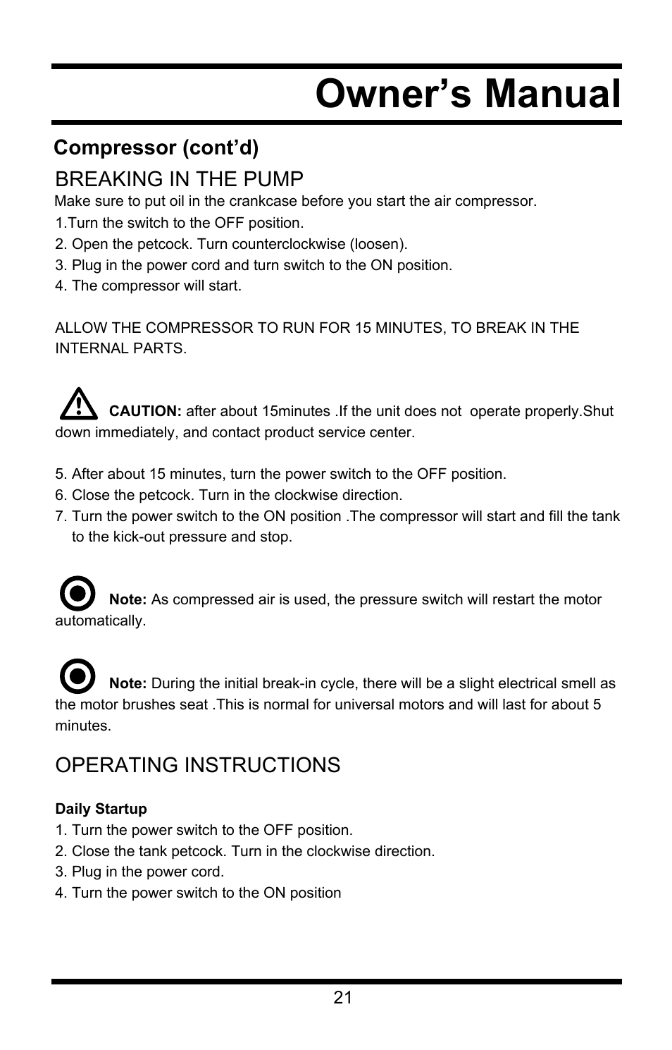 Owner’s manual, Compressor (cont’d) breaking in the pump, Operating instructions | Steele Products SP-CE358TM User Manual | Page 21 / 33