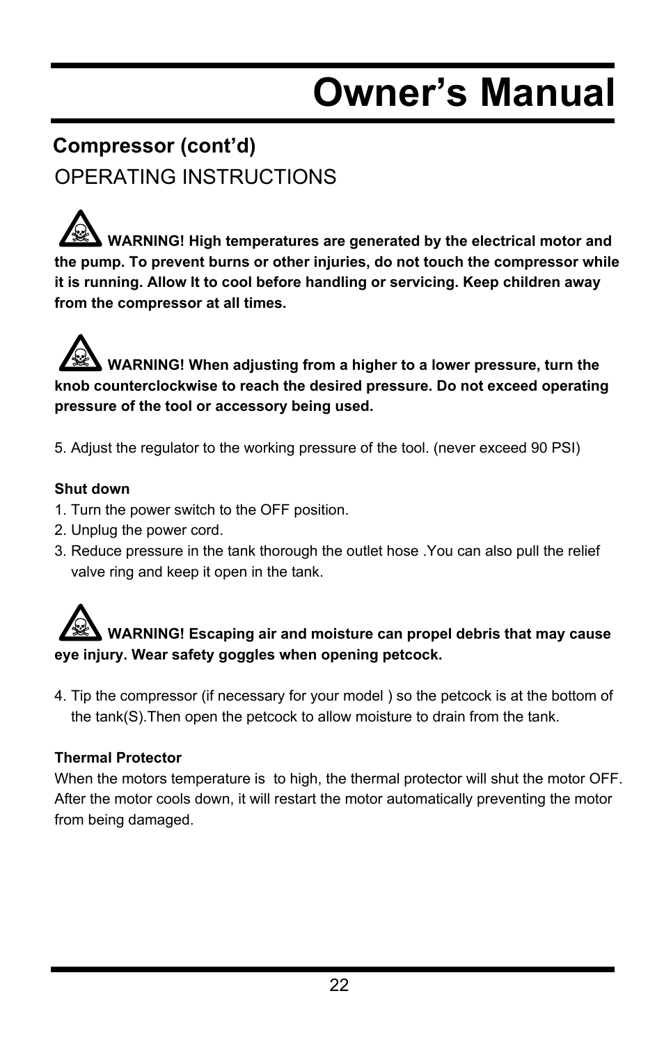 Owner’s manual, Compressor (cont’d) operating instructions | Steele Products SP-CE358TM User Manual | Page 22 / 33