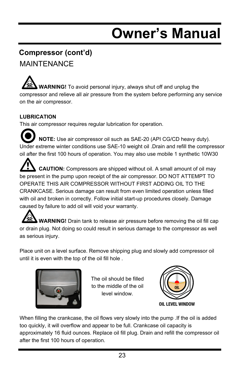 Owner’s manual, Compressor (cont’d) maintenance | Steele Products SP-CE358TM User Manual | Page 23 / 33