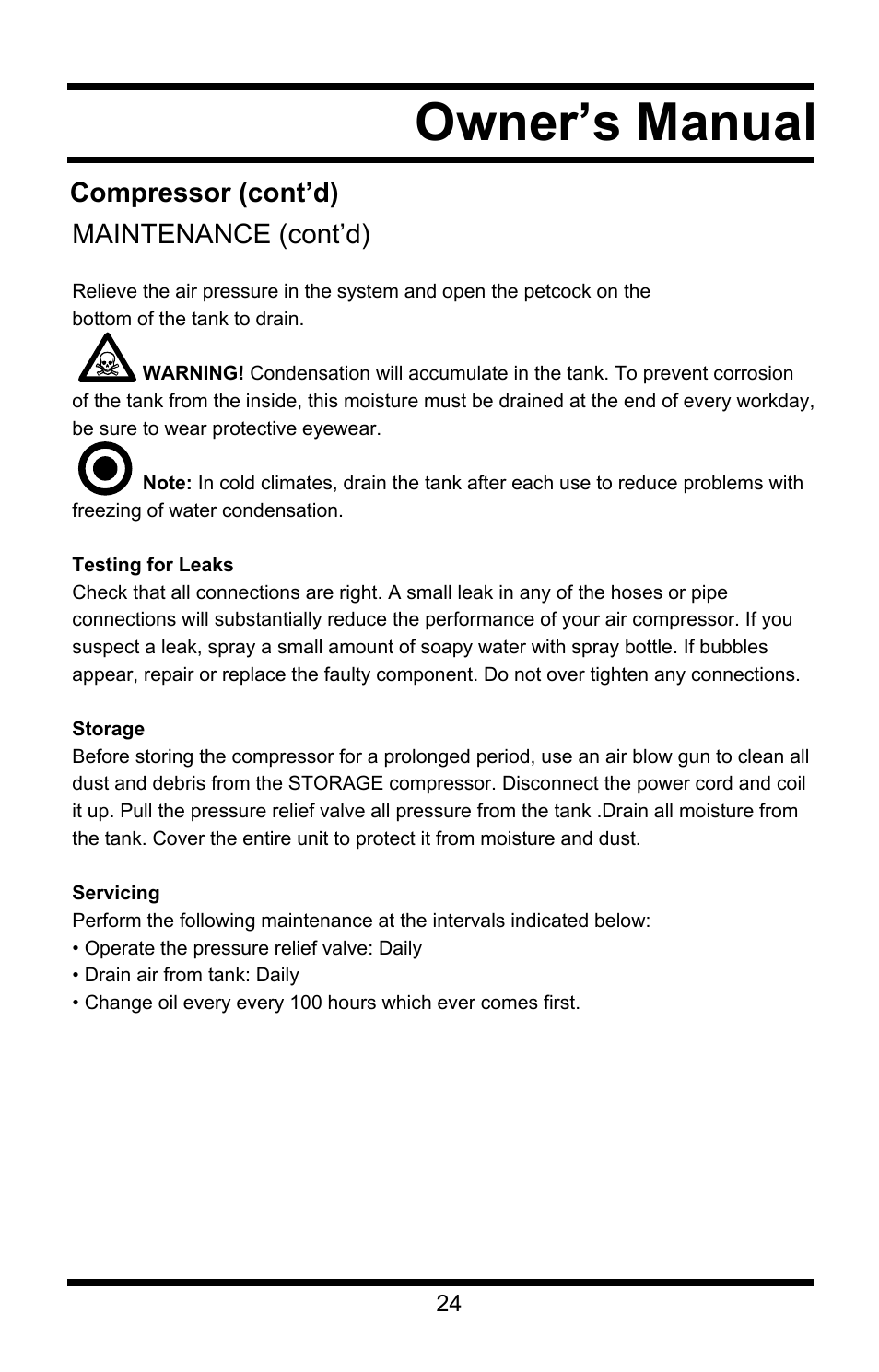 Owner’s manual, Compressor (cont’d) maintenance (cont’d) | Steele Products SP-CE358TM User Manual | Page 24 / 33