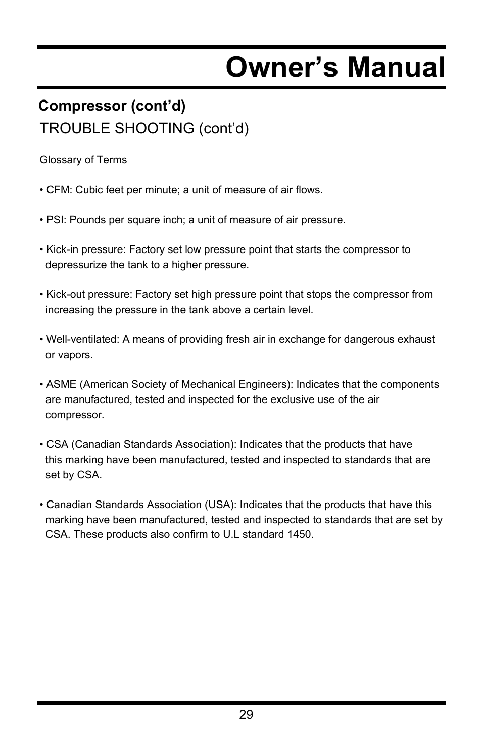 Owner’s manual, Compressor (cont’d) trouble shooting (cont’d) | Steele Products SP-CE358TM User Manual | Page 29 / 33