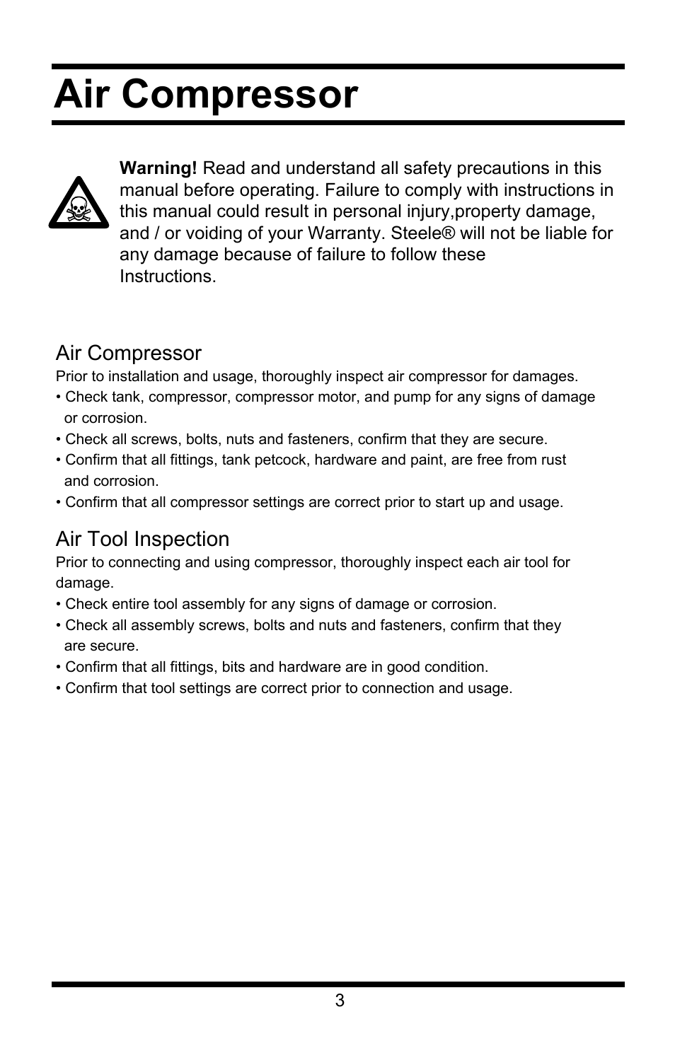 Air compressor | Steele Products SP-CE358TM User Manual | Page 3 / 33