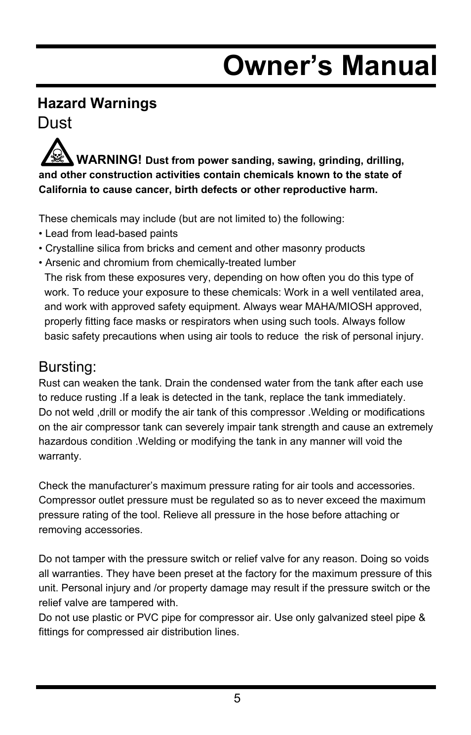 Owner’s manual, Dust | Steele Products SP-CE358TM User Manual | Page 5 / 33