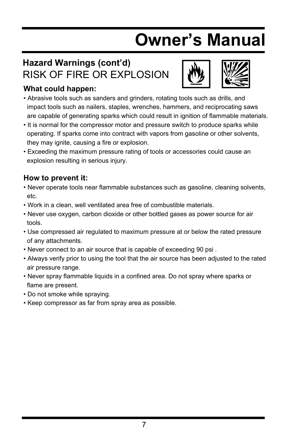 Owner’s manual, Risk of fire or explosion | Steele Products SP-CE358TM User Manual | Page 7 / 33