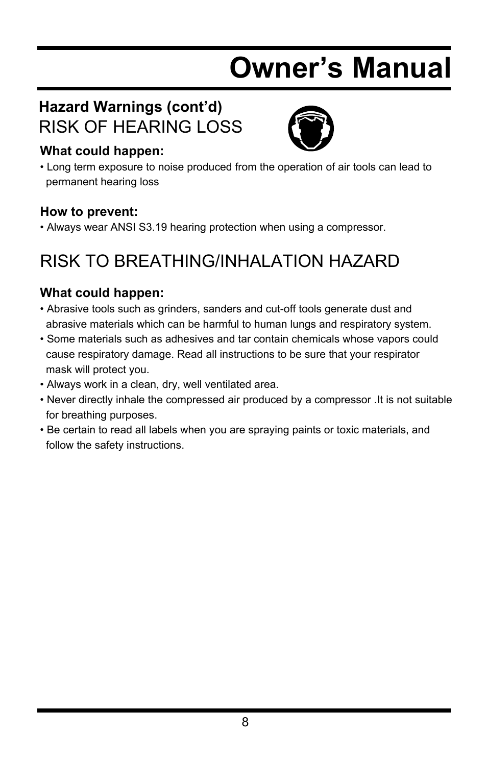 Owner’s manual, Risk of hearing loss, Risk to breathing/inhalation hazard | Steele Products SP-CE358TM User Manual | Page 8 / 33