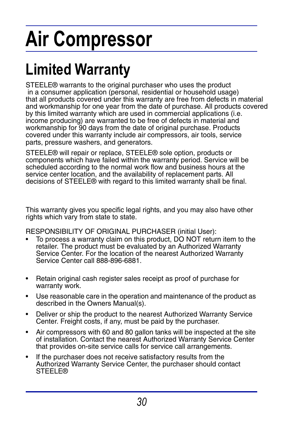A ir compressor, Limited warranty | Steele Products SP-CE415M User Manual | Page 30 / 33