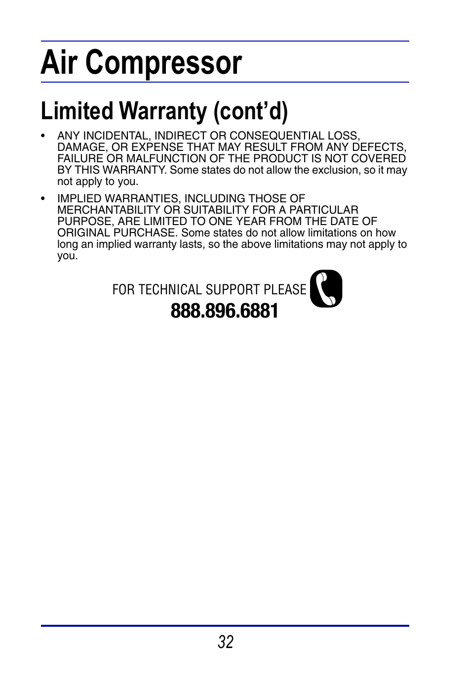 A ir compressor, Limited warranty (cont’d) | Steele Products SP-CE415M User Manual | Page 32 / 33