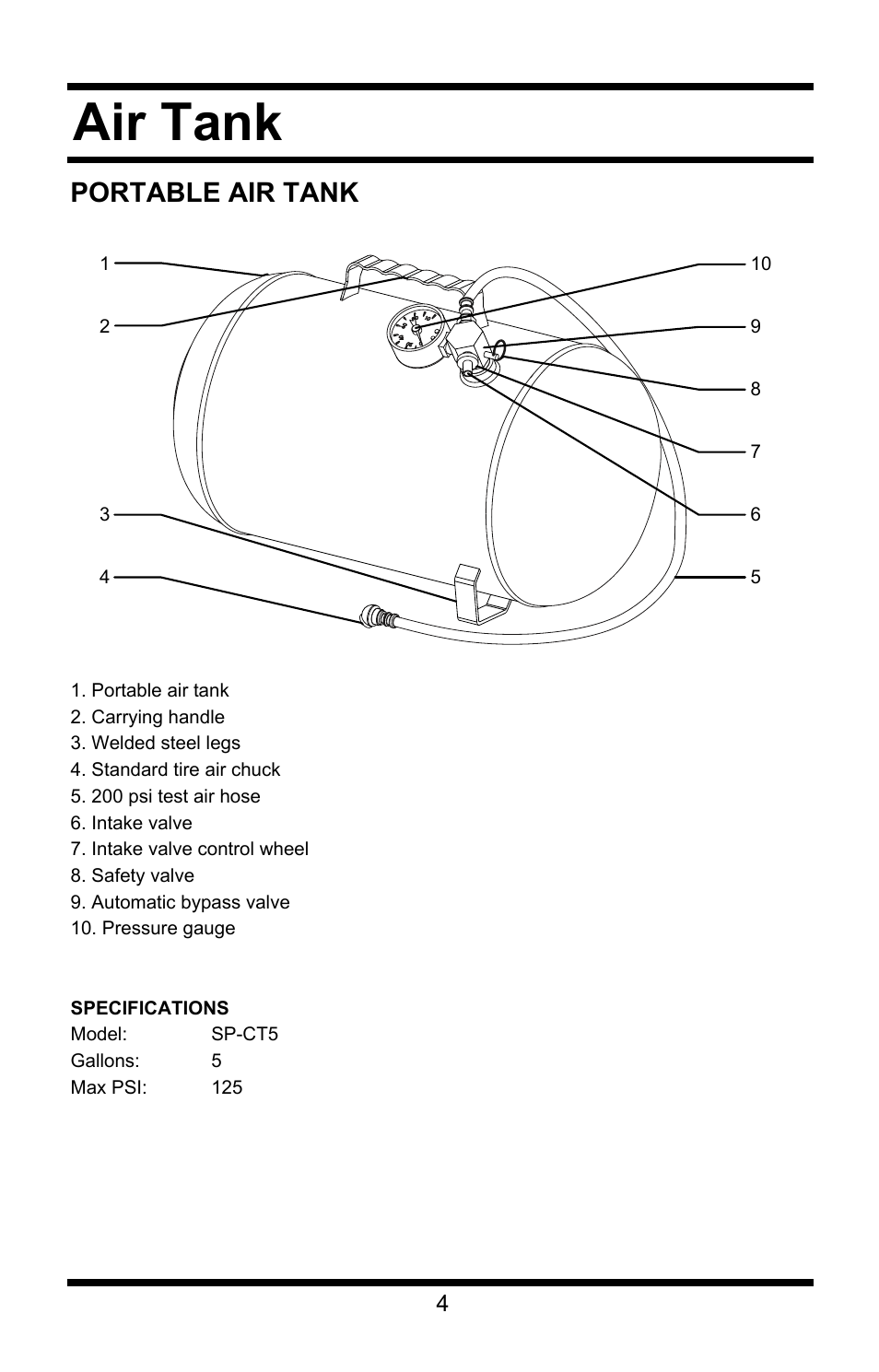 Air tank, Portable air tank | Steele Products SP-CT5 User Manual | Page 4 / 7