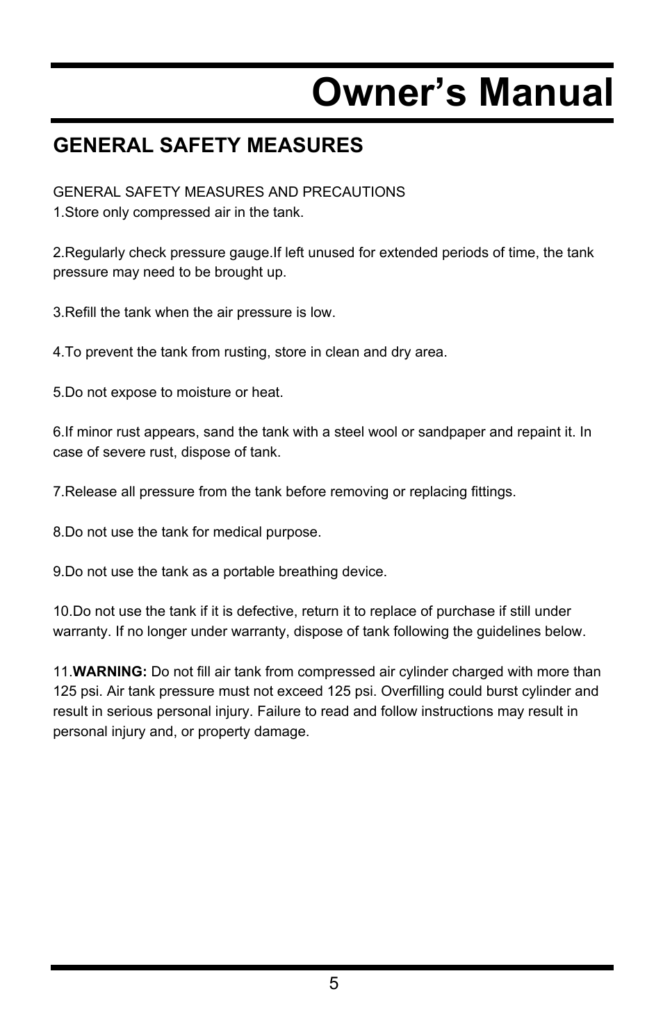 Owner’s manual, General safety measures | Steele Products SP-CT5 User Manual | Page 5 / 7