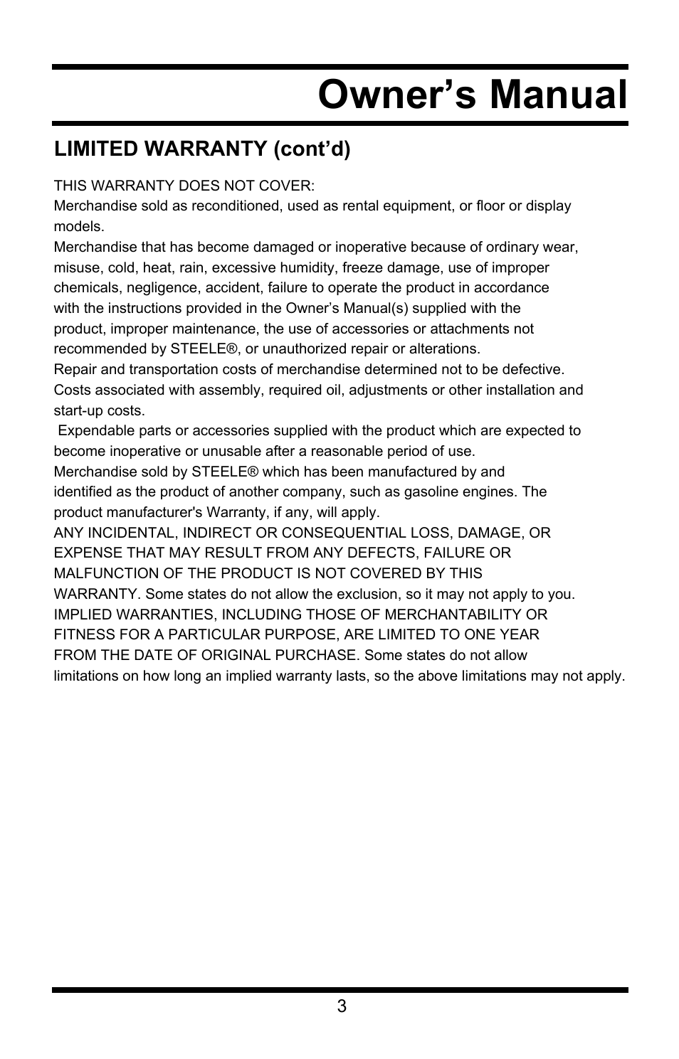 Owner’s manual | Steele Products SP-CT11 User Manual | Page 3 / 7