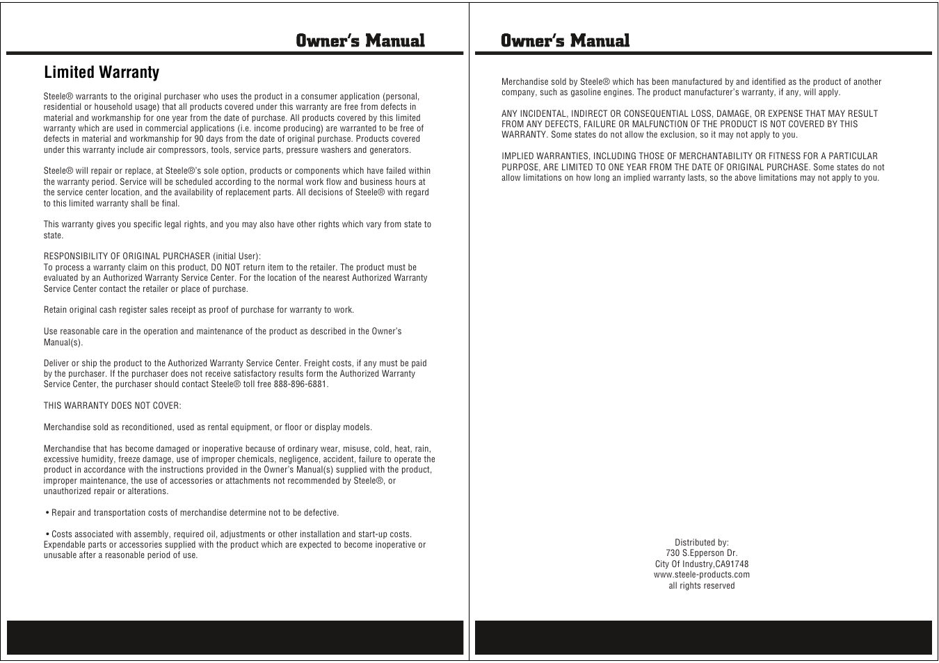 Limited warranty | Steele Products SP-PB306 User Manual | Page 10 / 10