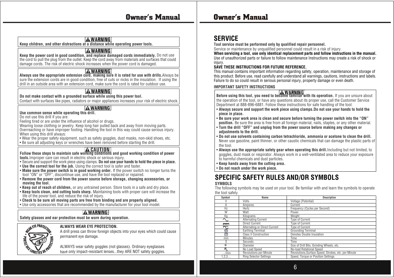 Specific safety rules and/or symbols, Service | Steele Products SP-PB214 User Manual | Page 3 / 9
