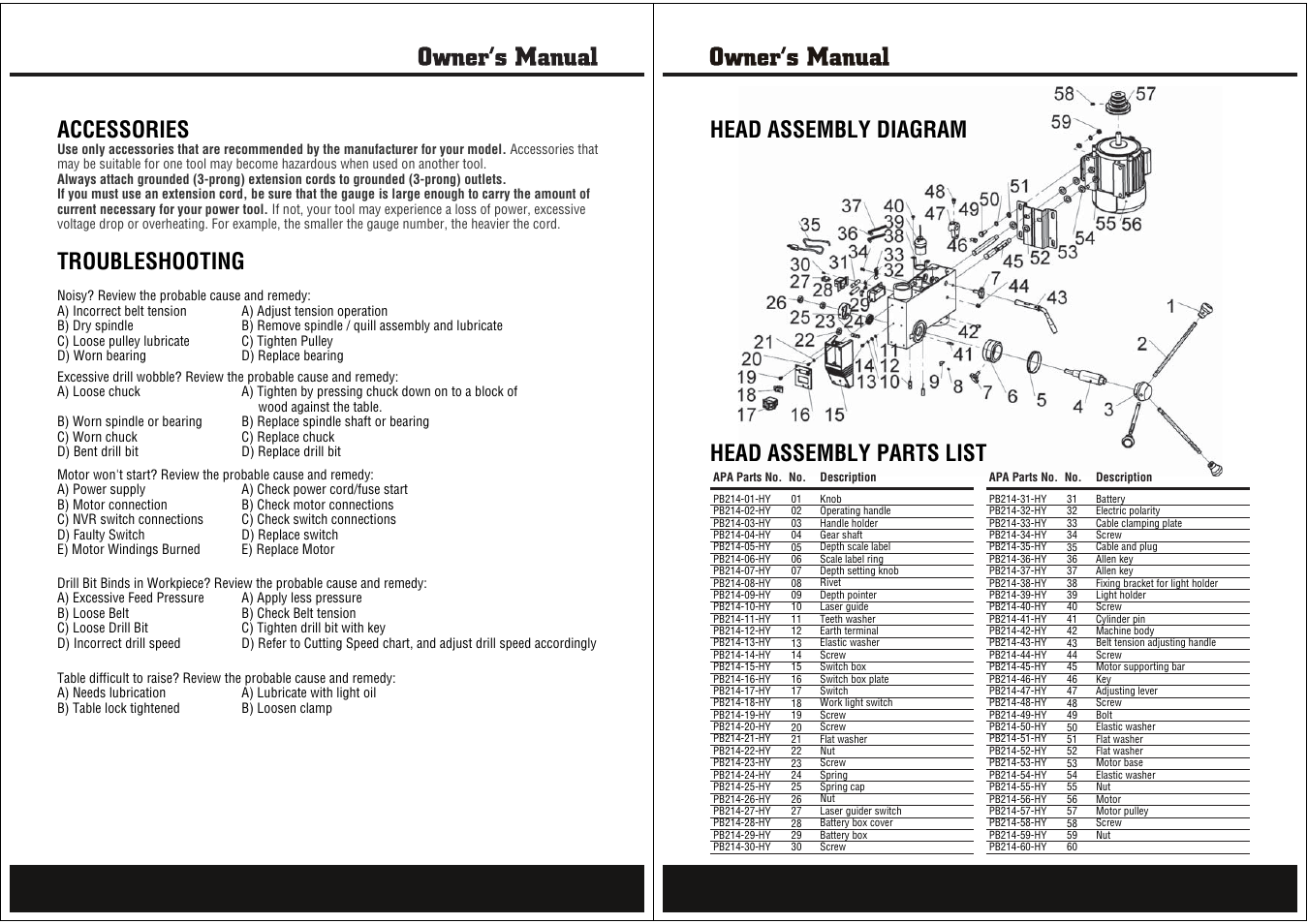 Troubleshooting, Accessories, Head assembly parts list | Head assembly diagram | Steele Products SP-PB214 User Manual | Page 7 / 9